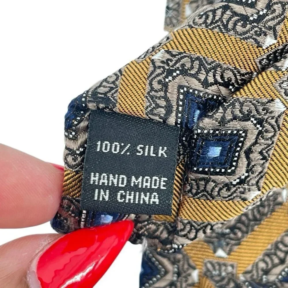 Jos A Bank Signature Collection 100% Silk Gold Blue Medallion Geometric Tie